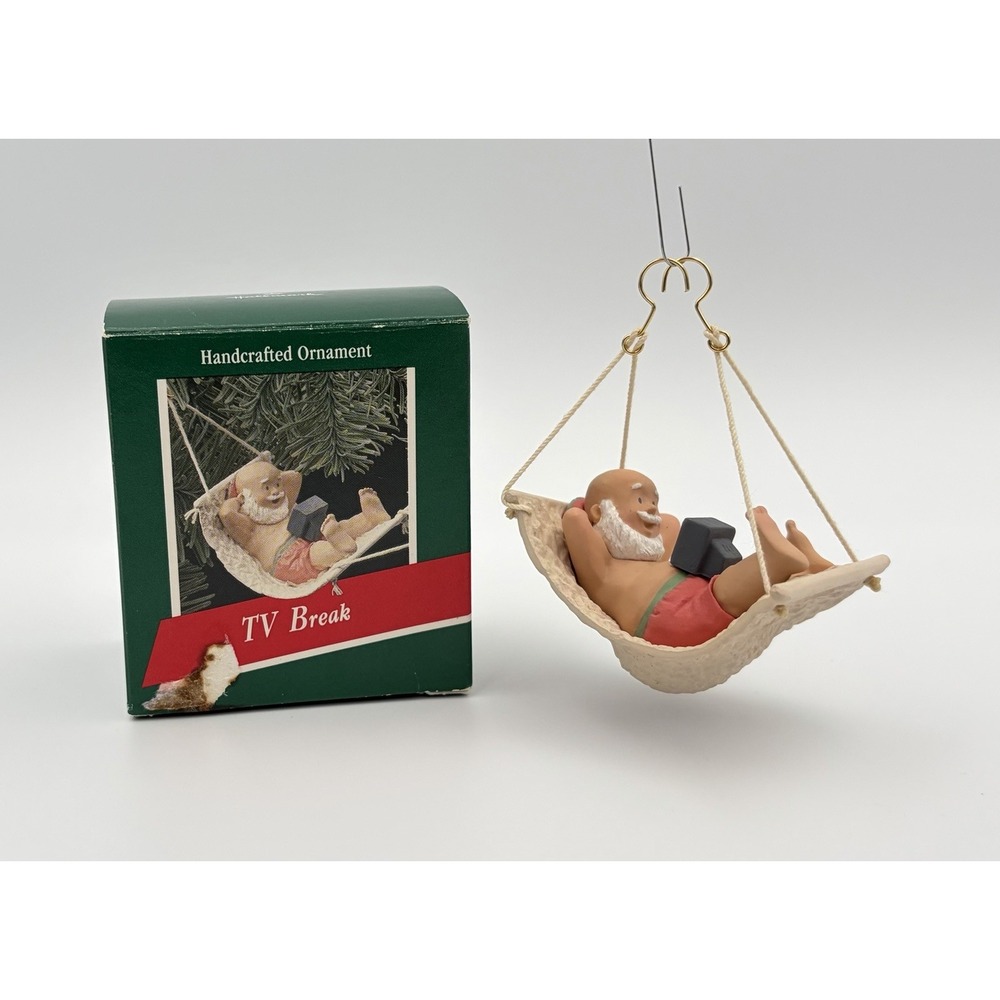 Hallmark 1989 TV Break Christmas Ornament Santa in Hammock Watching TV Vintage